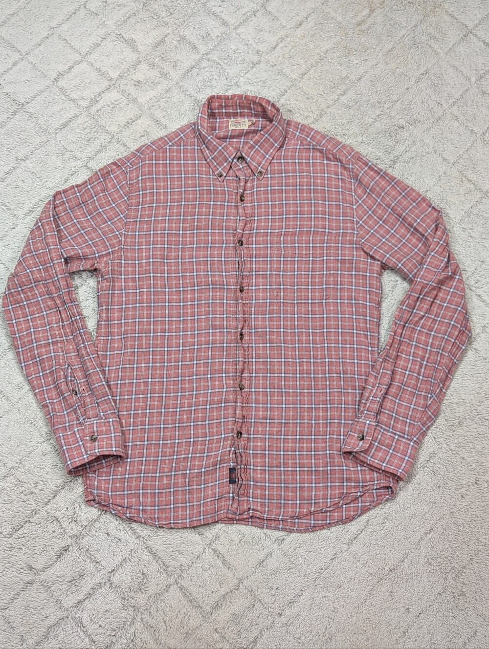Faherty Shirt Mens M Pink Red Heather Pacific Plaid Light Cotton Flannel Button